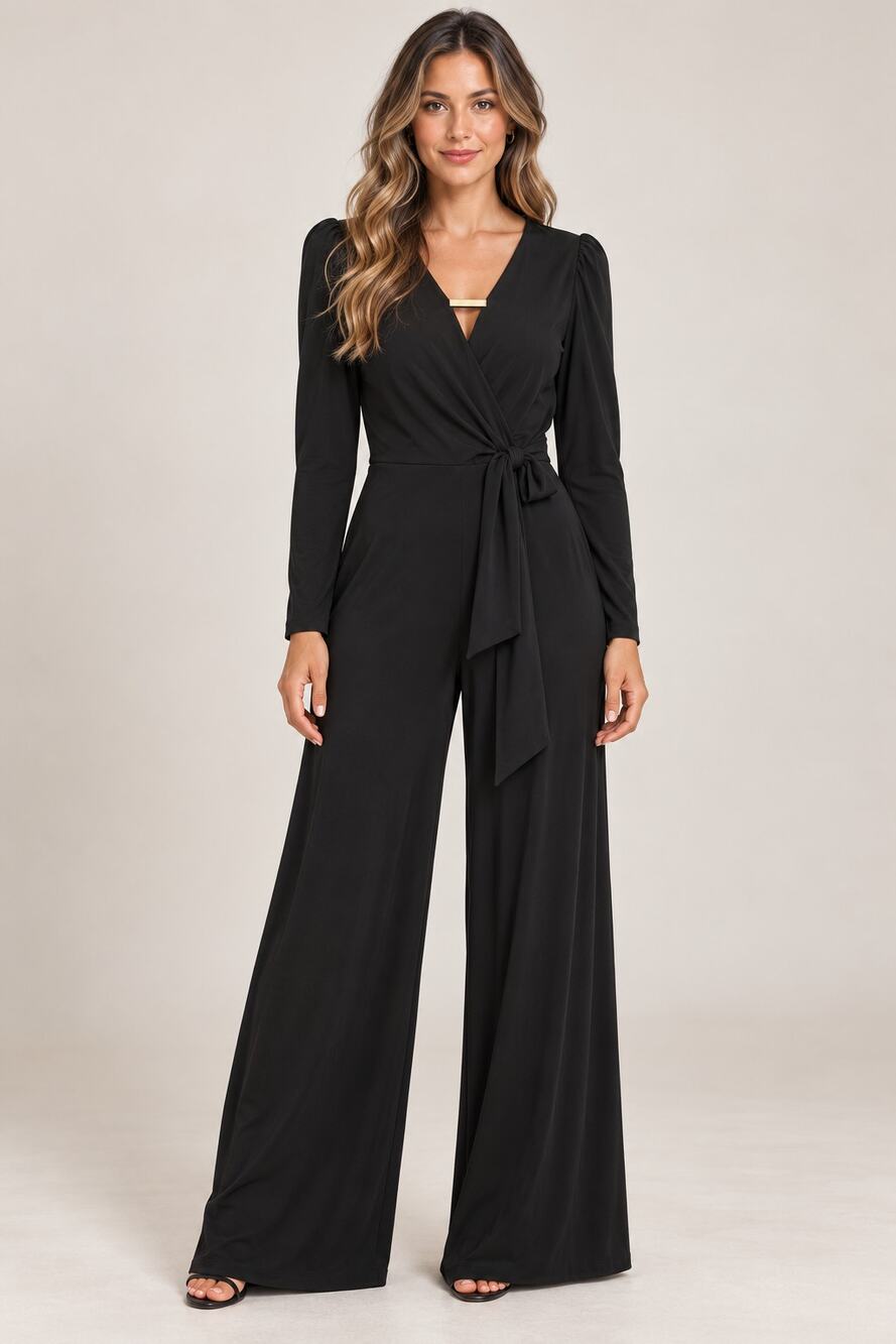 Kensie Black Crepe Scuba Wide-Leg Jumpsuit Womens 12 NWT Long Sleeve Tie Front